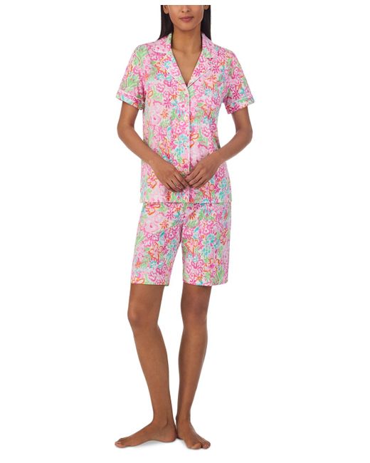 Lauren by Ralph Lauren Red 2-pc. Short-sleeve Notch-collar Bermuda Pajama Set