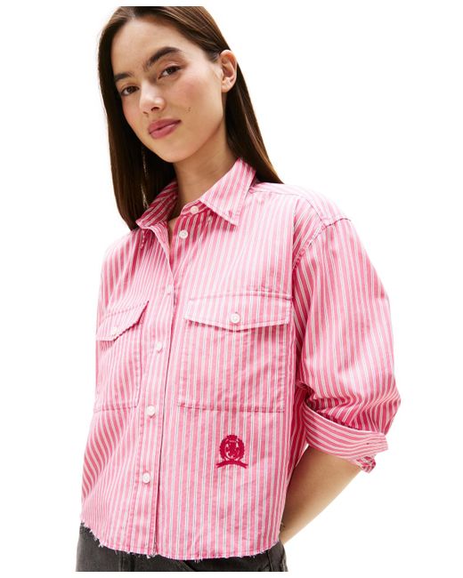 Tommy Hilfiger Pink Crest Embroidery Relaxed Fit Cropped Shirt