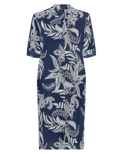 Olsen Blue 100% Cotton 3/4 Sleeve Collarless Paisley Floral Tunic Shirt Dress