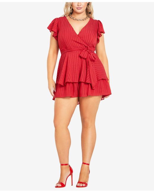 City Chic Red Trendy Plus Size First Date Short Ruffle Sleeve Romper