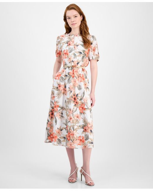 Kasper White Tropical Floral Cotton Short-sleeve Dress