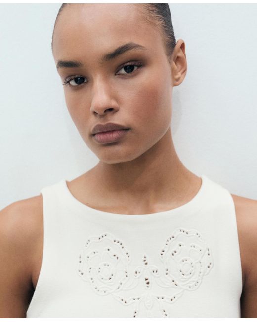Mango White Openwork Details Embroidered Top