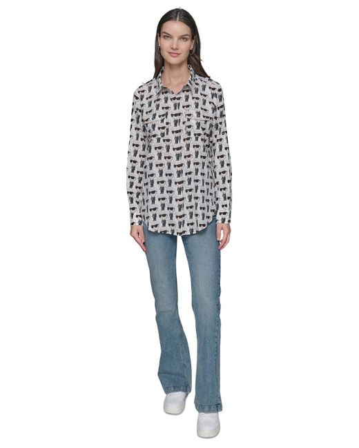 Karl Lagerfeld White Motif Roll-tab-sleeve Button-front Top