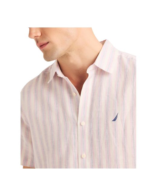 Nautica White Miami Vice X Striped Short Sleeve Linen Blend Shirt for men
