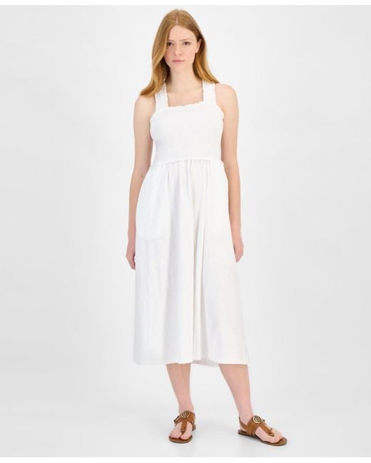 Tommy Hilfiger White Cotton Smocked Sleeveless Midi Dress