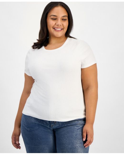 BarIII White Trendy Plus Size Foiled Crewneck T-shirt