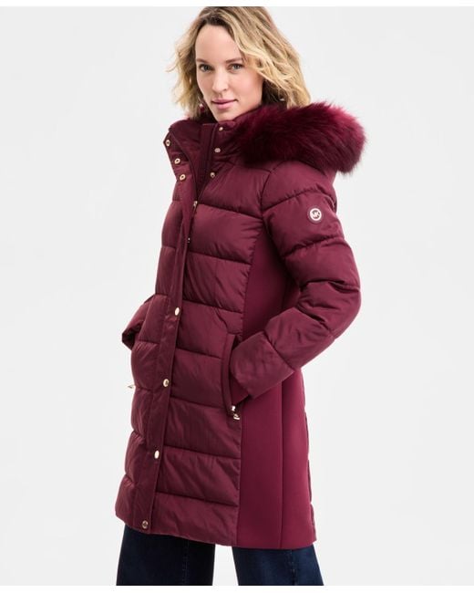 Michael Kors Red Michael Faux-fur-trim Hooded Puffer Coat