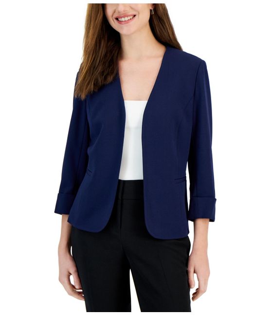 Kasper Blue Stretch Crepe Open-front Roll-sleeve Jacket