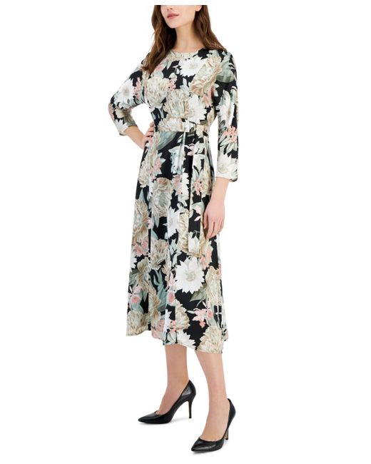 Anne Klein White Floral-print Dolman-sleeve Dress