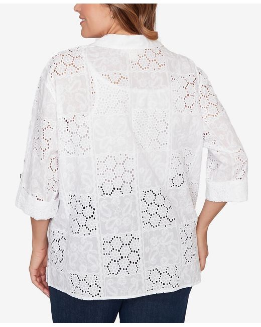 Ruby Rd White Plus Size Patchwork Eyelet Roll-tab Sleeve Top