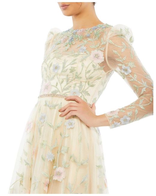 Mac Duggal White Floral Print Butterfly Sleeve Flowy Gown