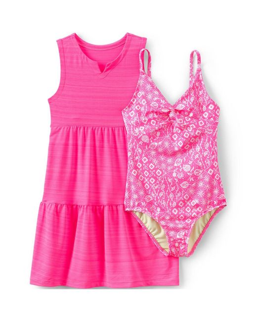 Lands' End Pink Girls Chlorine Resistant Twist Front One Piece Swimsuit Upf Dress Coverup Set