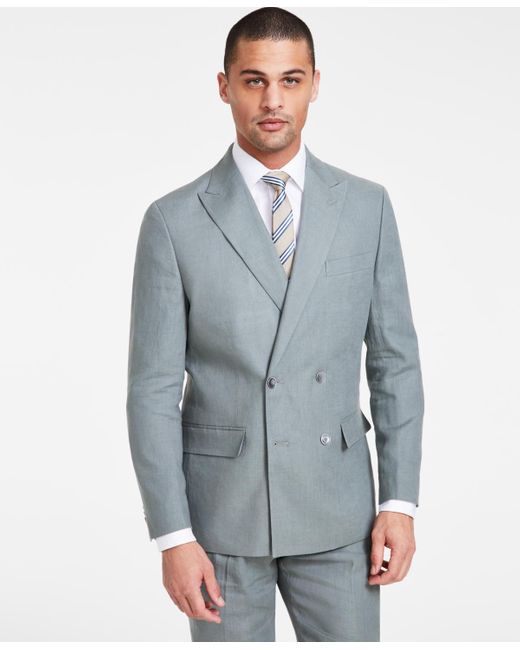 Tommy Hilfiger Blue Modern-fit Double-breasted Linen Suit Jacket for men