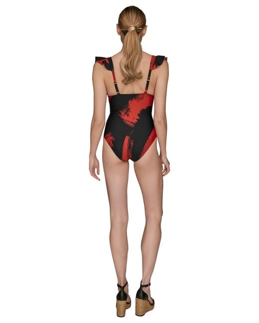 Donna Karan Red Belted Flutter-sleeve One-piece Swimsuit