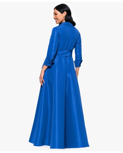 Betsy & Adam Blue Taffeta Ruffled Long Wrap Dress