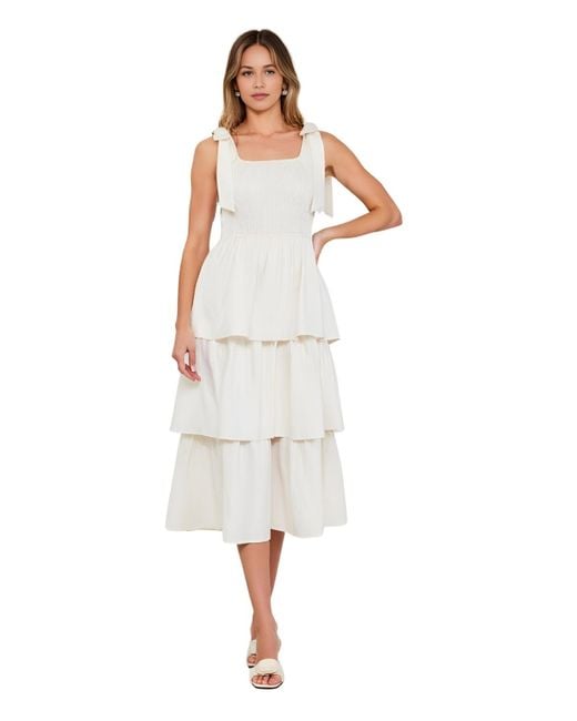 Modenaire Women's White Tiered Smocked Bow-tie Shoulder Midi Dress