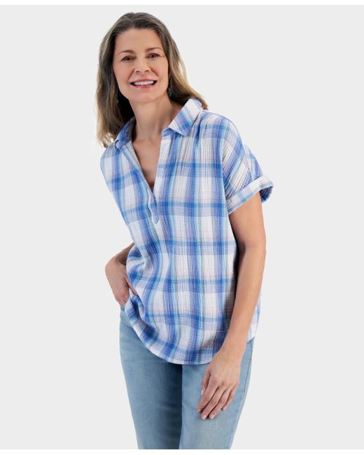 Style & Co. Blue Printed Gauze Short-sleeve Popover Top