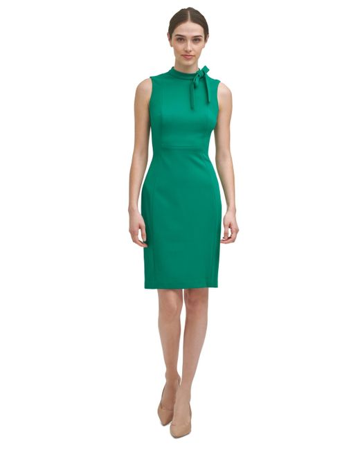 Calvin Klein Green Tie-neck Scuba-crepe Sheath Dress