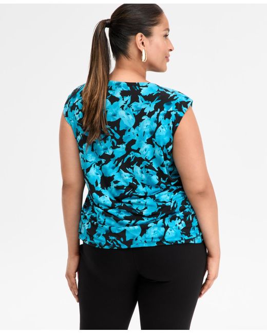 INC International Concepts Blue Plus Size Printed Boat Neck Cap Sleeve Top
