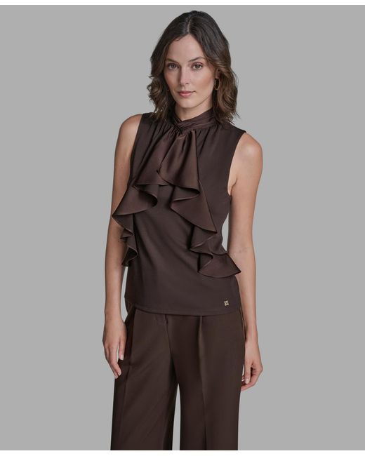 BCBGMAXAZRIA Brown Sleeveless Ruffle Front Blouse