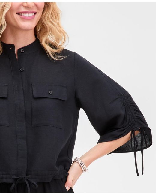 INC International Concepts Black Tie-sleeve Chambray Tie-waist Blouse