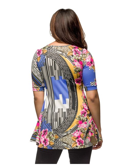 24seven Comfort Apparel White Multicolor Floral Print Elbow Sleeve V-neck Henley Tunic Top