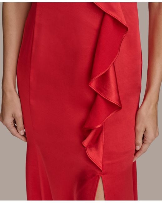 Donna Karan Red Ruffle-v-neck Sleeveless Gown