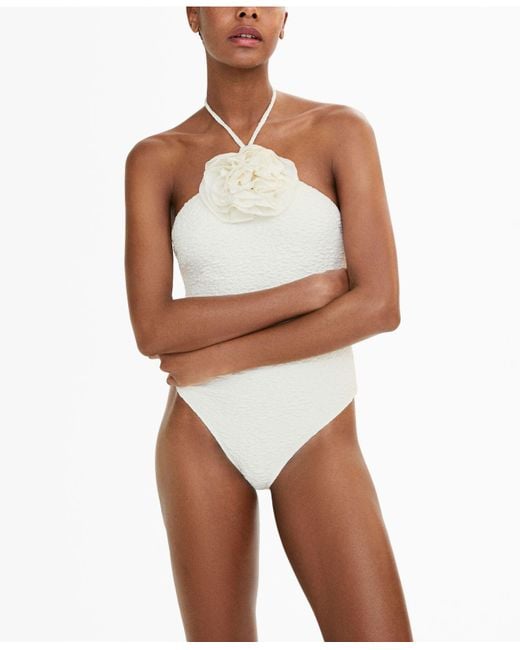 Mango White Textured Swimsuit