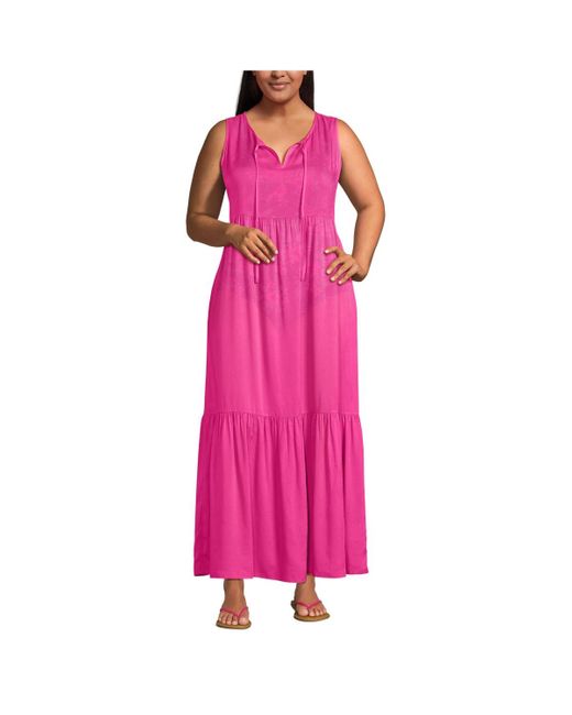 Lands' End Pink Plus Size Sheer Sleeveless Tiered Maxi Swim Cover-up Dress