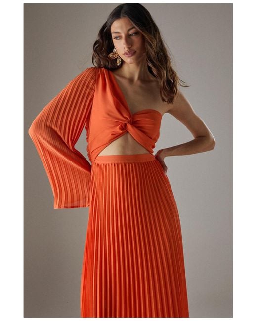 Warehouse Red Chiffon One Shoulder Cut Out Midi Dress