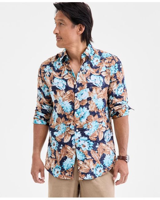 Club Room Blue Floral-print Button-up Long-sleeve Shirt for men