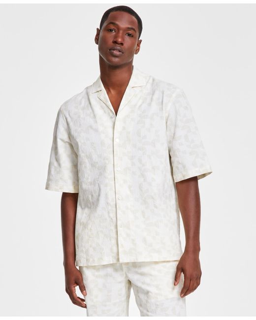 Alfani White Grand Regular-fit Geo-print Button-down Seersucker Camp Shirt for men