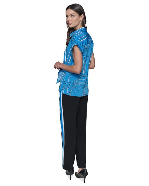 Karl Lagerfeld Blue Printed Asymmetrical Button-front Top