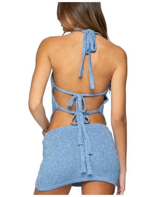 Edikted Blue Shaylee Sequin Knit Backless Top