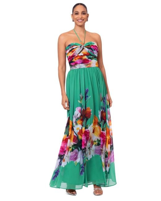 Betsy & Adam Green Floral-print Halter Gown