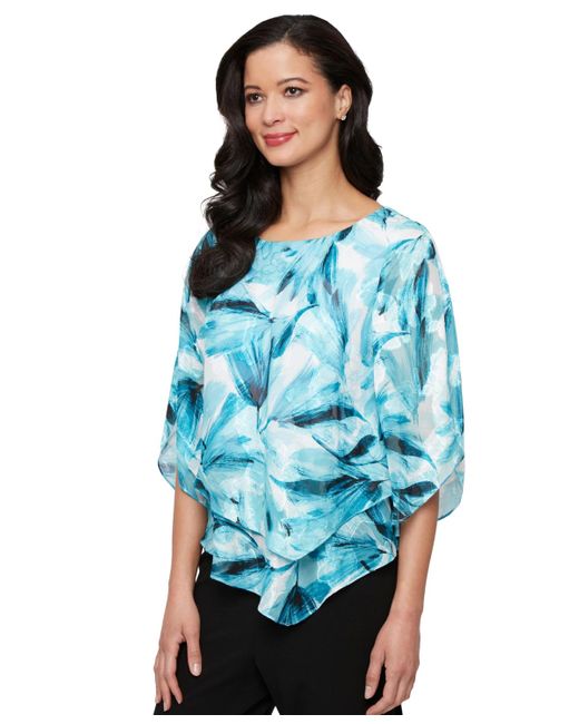 Alex Evenings Blue Petite 3/4-sleeve V-hem Burnout Blouse