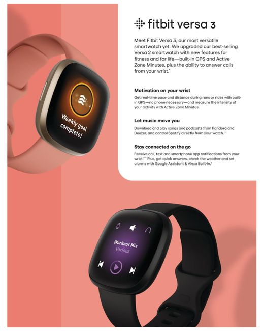 Fitbit Versa 3 Pink Clay Strap Smart Watch 39mm