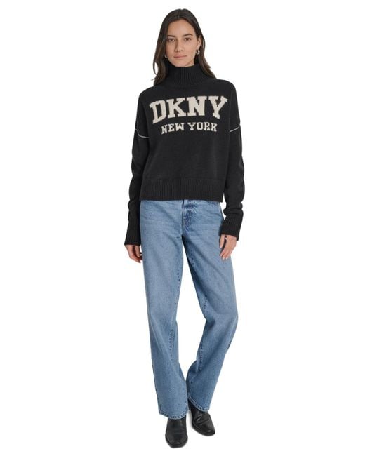 DKNY Black Intarsia Logo Turtleneck Sweater