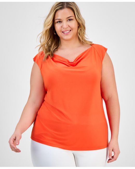 Kasper Orange Plus Size Cowlneck Cap-sleeve Top