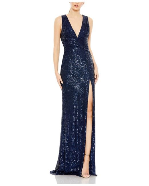 Mac Duggal Blue Ieena V-neck Sequin Wrap Waist Gown