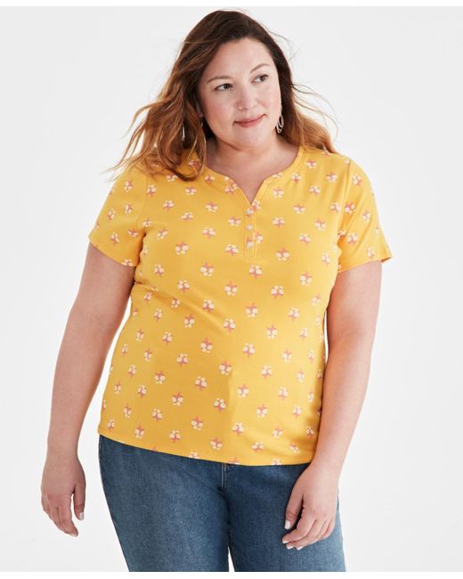 Style & Co. Yellow Plus Size Printed Short-sleeve Henley Top