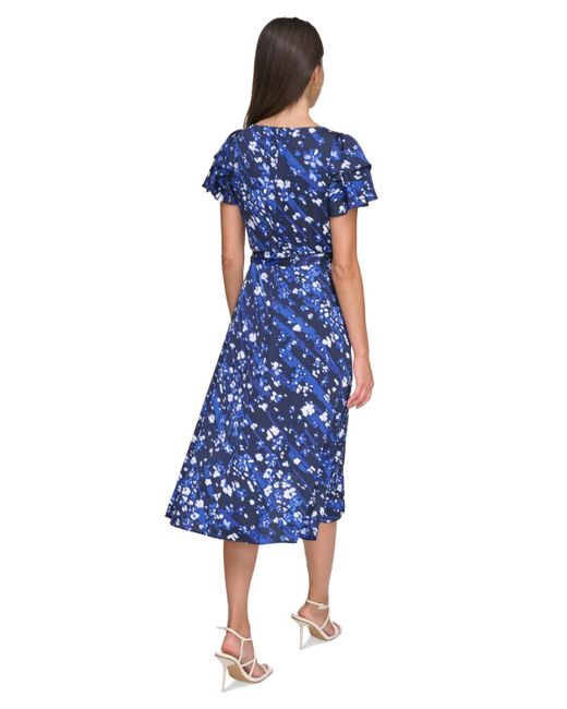 DKNY Blue Layered Flutter-sleeve Tie-waist Dress