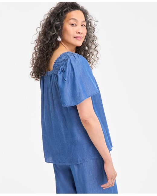 Style & Co. Blue Petite Flutter-sleeve Chambray Top
