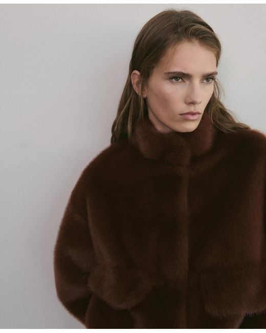 Mango Brown Pockets Faux-fur Jacket