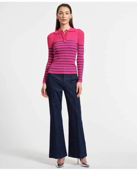 Isaac Mizrahi New York Pink Ruffle Neck Henley Sweater