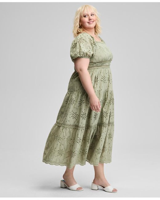 And Now This Green Trendy Plus Size Eyelet Embroidered Cotton Puff-sleeve Maxi Dress