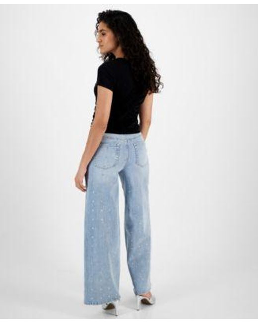 DKNY Blue Ruched Top Studded Wide Leg Jeans