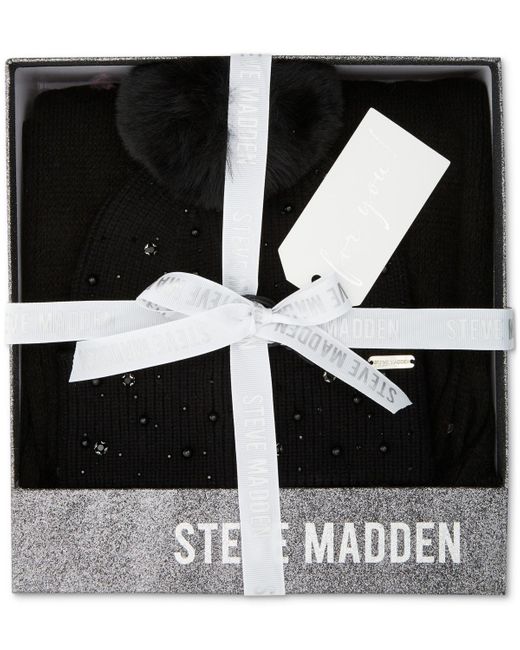 Steve Madden Black Embellished Scarf & Beanie Boxed Gift Set