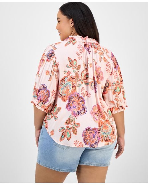 Democracy Red Trendy Plus Size Floral-print Ruffle-trim Blouse