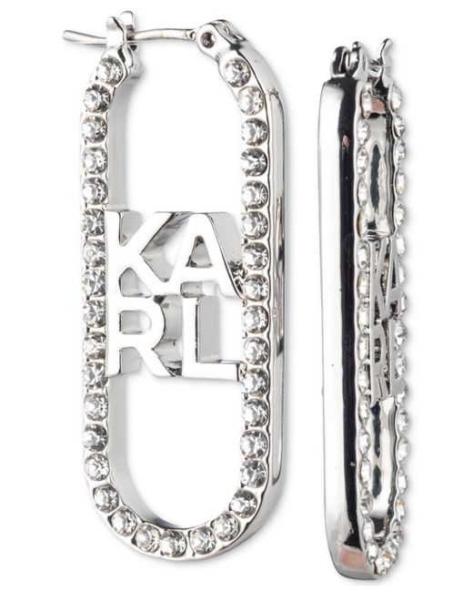Karl Lagerfeld White Silver-tone Pave Logo Oval Hoop Earrings